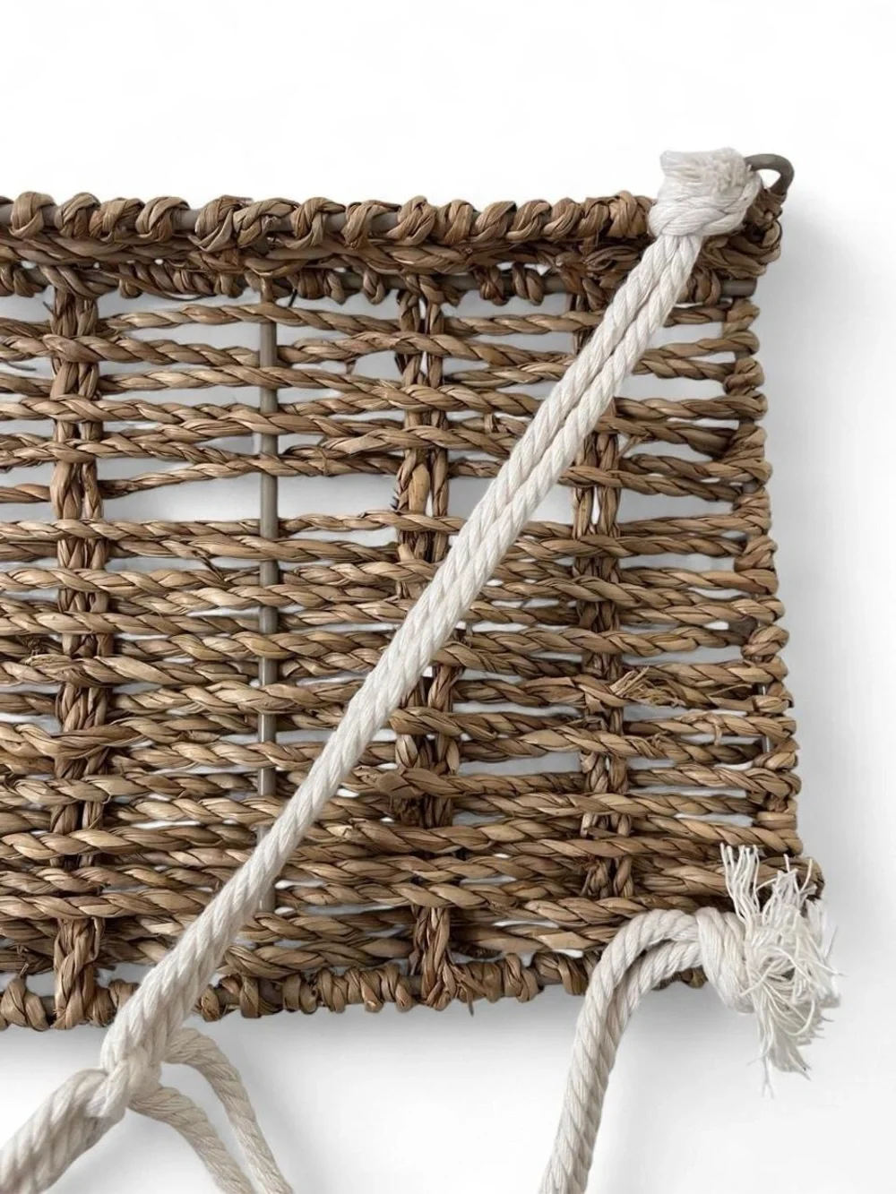 15” Rustic Boho Natural Seagrass Hanging Shelf Woven Cotton Triangular Macrame